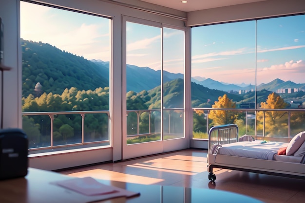 Une chambre avec un lit et une fenêtre qui dit "vue sur la montagne"