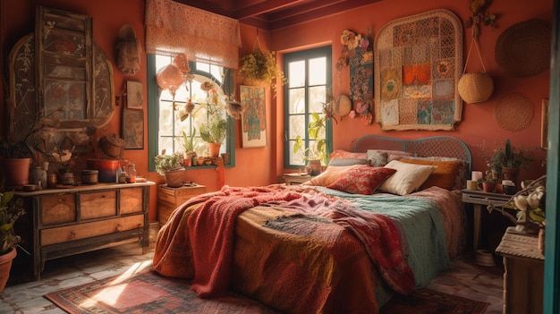 Une chambre avec un lit et une fenêtre avec un tapis au mur