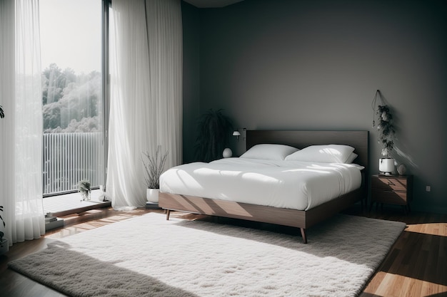 Une chambre avec un lit et une grande fenêtre