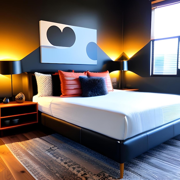 Une chambre avec un lit et une lampe au mur