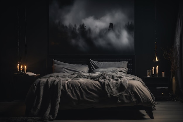 Photo une chambre avec un lit et une lampe sur le mur