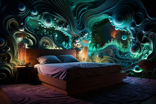 Chambre avec un lit et une lampe, rendu 3D par Mike