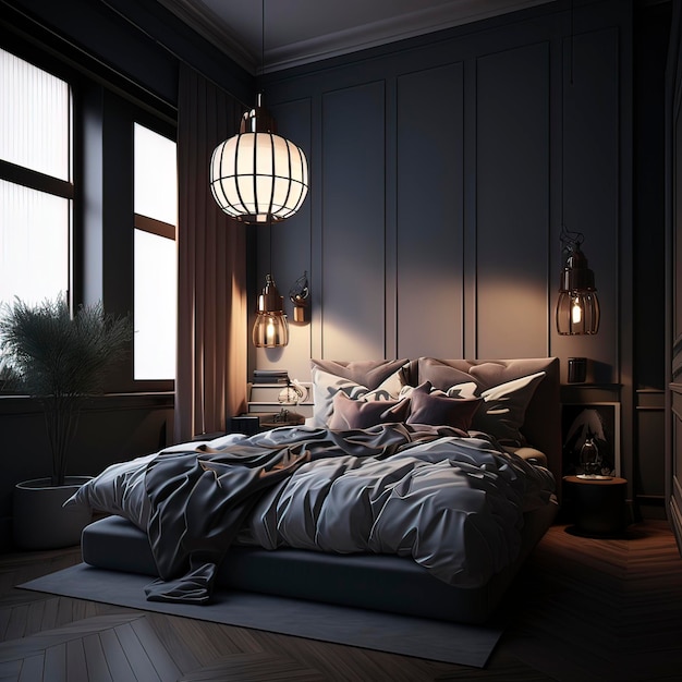 Une chambre avec un lit et une lampe suspendue au plafond.