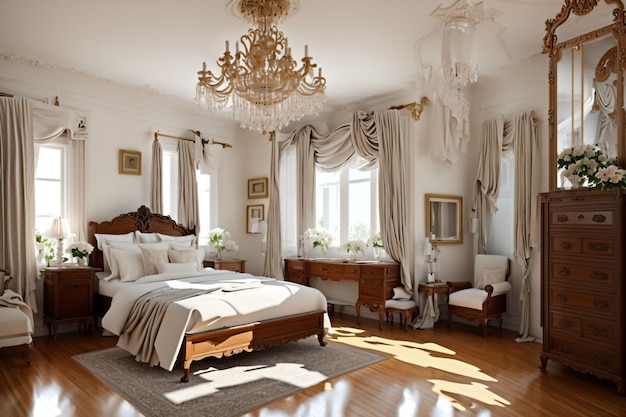 Une chambre avec un lit et un lustre