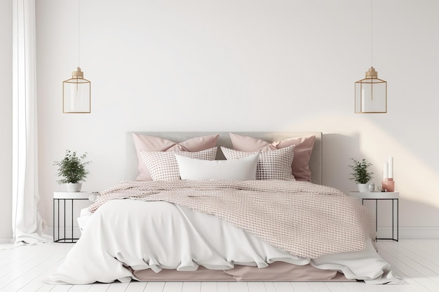Une chambre avec un lit et un mur blanc avec une literie blanche et rose et un mur blanc avec une lampe dorée.