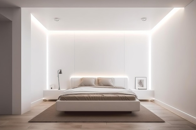 Une chambre avec un lit et un mur avec une lampe dessus.