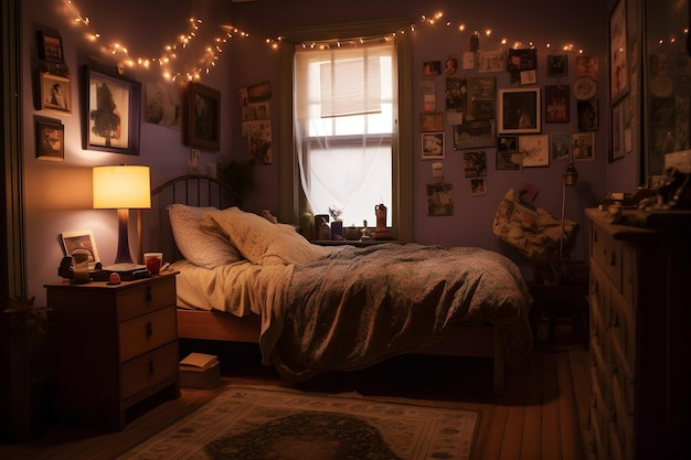 Une chambre avec un lit et un mur avec des lumières dessus