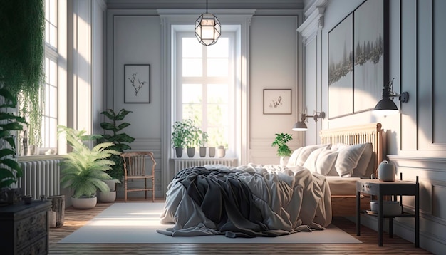 Une chambre avec un lit et une plante au mur