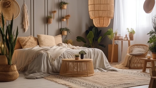 Une chambre avec un lit et une plante au mur