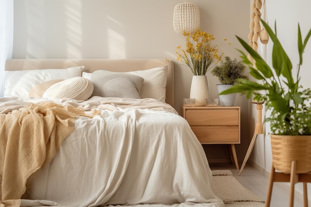 Chambre avec un lit et une plante dans le coin