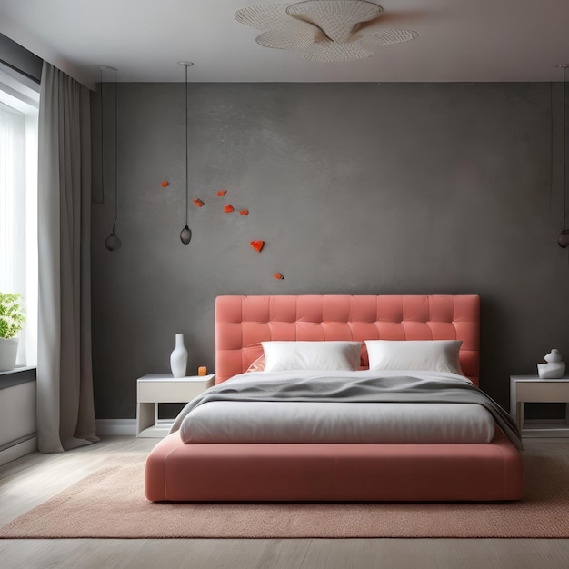 Une chambre avec un lit rose et une table de chevet blanche avec des coeurs rouges dessus.