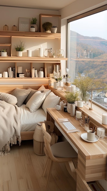 une chambre avec un lit une table une fenêtre et une vue sur la ville