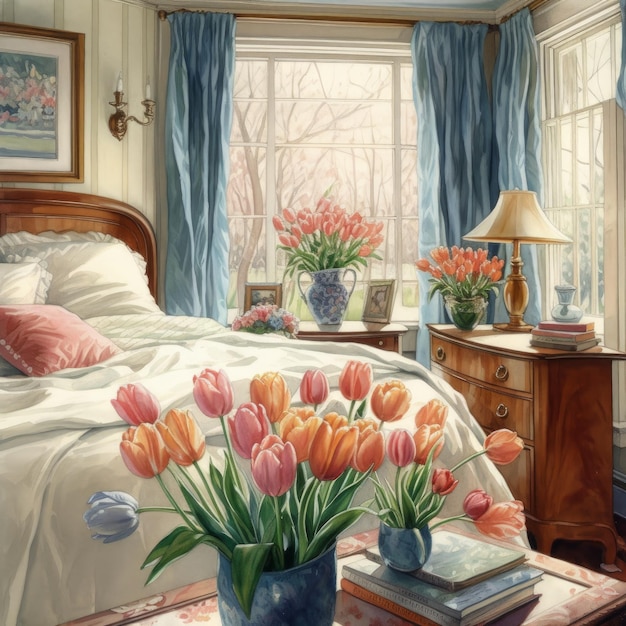 Une chambre avec un lit et une table avec un vase de tulipes dessus.