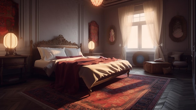 Une chambre avec un lit et un tapis au sol.