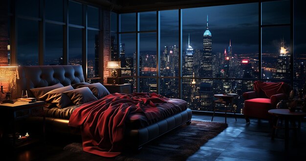 La chambre a un lit et une vue nocturne de la ville ambiance de rêve