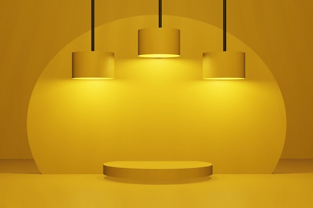 Chambre loft jaune avec lampe de décoration et scène de stand avec présentation de produit cosmétique espace de copie vide maquette rendu 3d