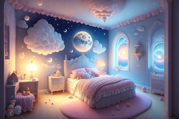 Une chambre avec une lune et des étoiles sur le mur