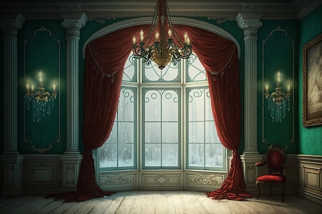 Une chambre avec un lustre et une fenêtre avec un lustre.