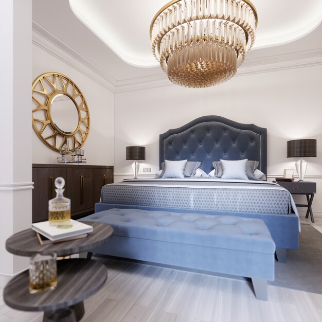 Une chambre luxueuse dans un style classique avec des éléments dorés et un drap de lit bleu et une commode et une coiffeuse en bois. rendu 3D.