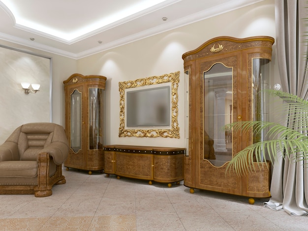 Chambre des maîtres luxueuse et moderne aux couleurs claires et aux couleurs pastel. rendu 3D