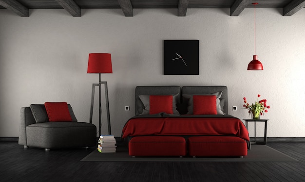 Chambre des maîtres moderne noir et rouge