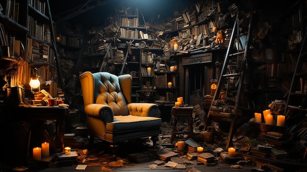 Chambre mansardée débordant de livres et d'une chaise confortable