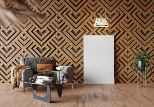 Chambre minimale et espace de copie de décoration rendu 3D de mur en bois sans soudure