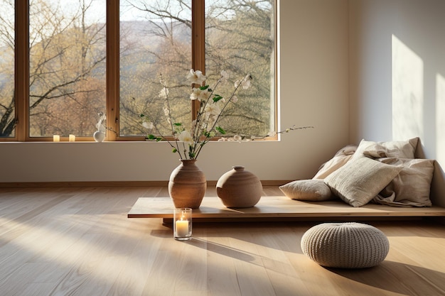 Photo chambre minimaliste avec bougie et tapis de méditation générative ia