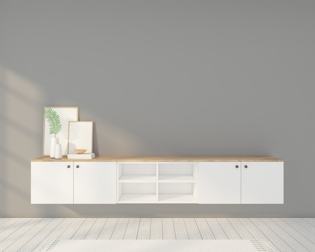 Chambre minimaliste avec cadres, meuble TV et mur gris. Rendu 3D