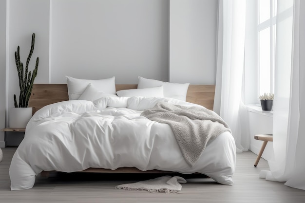 Une chambre minimaliste avec un lit blanc propre, des oreillers confortables et une couverture