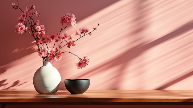 Chambre minimaliste avec murs texturés roses, lumière du soleil et élégance