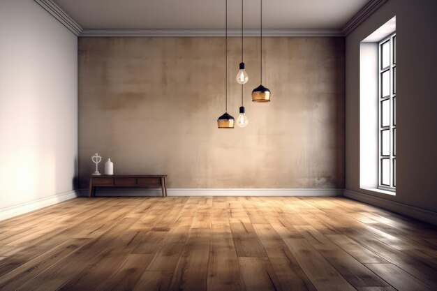 Chambre minimaliste avec parquet et plafonniers AI générative