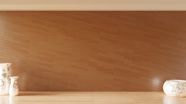 Chambre minimaliste vide avec parquet et mur en bois sur rendu 3d