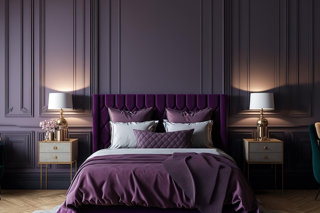 Chambre minimaliste violette classique avec un lit double, une couette, des oreillers, des tables d'appoint