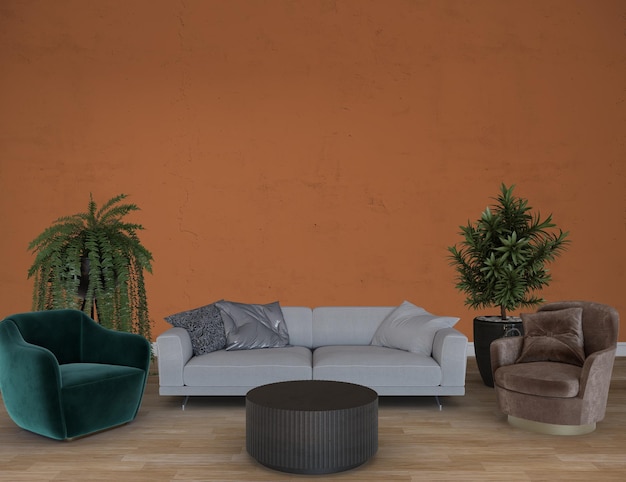 Chambre avec mobilier devant le mur orange