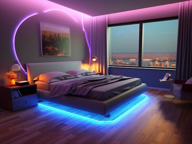 Chambre moderne 3D avec bandes lumineuses led multicolores