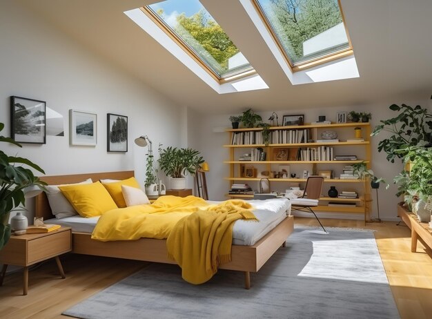 Une chambre moderne avec une atmosphère confortable et confortable La chambre a un grand lit