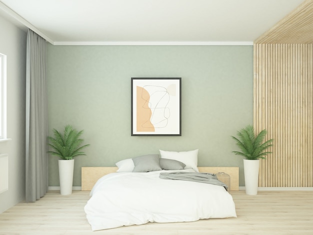 Chambre moderne au mur vert avec panneau en bois et oreillers blancs