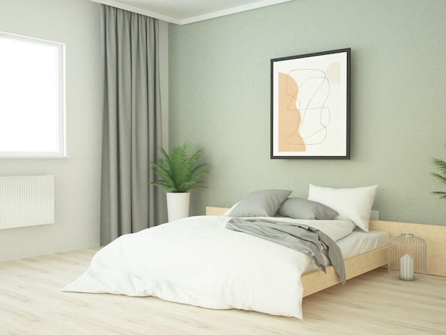 Chambre moderne au mur vert avec panneau en bois et oreillers blancs