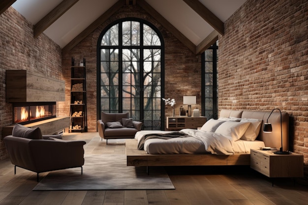 Chambre moderne avec des briques apparentes et des meubles élégants génératifs IA