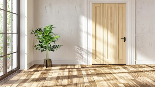 Chambre moderne chic avec des murs blancs en parquet de bois et une décoration minimaliste offrant un espace de vie lumineux et élégant