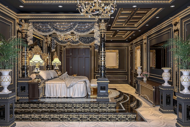 La chambre moderne avec un grand lit orné avec une canopée dorée