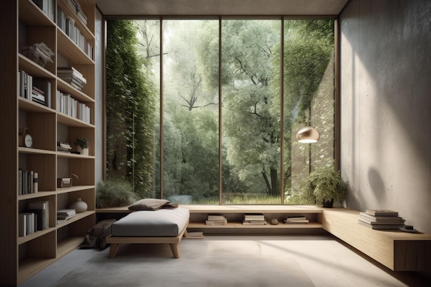 Chambre moderne avec une grande fenêtre et un lit confortable Generative AI