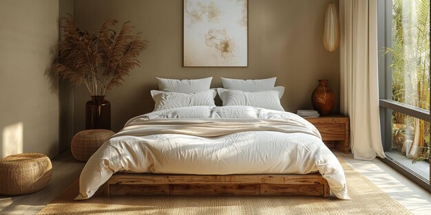 Une chambre moderne lumineuse et confortable avec un grand lit en bois lissant la lumière du matin avec une décoration moderne