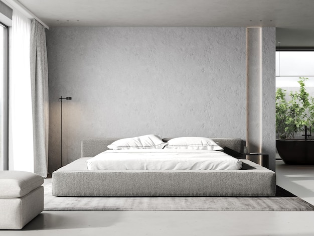 Chambre moderne de luxe contemporaine grise avec grand mur de béton de fenêtre et un rendu 3d de tapis