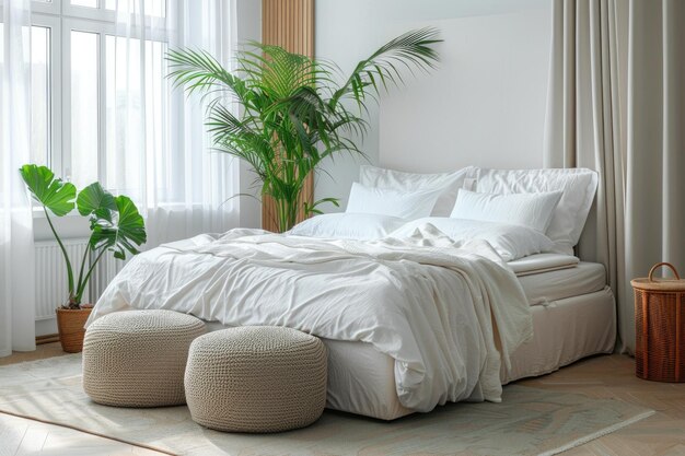 Une chambre moderne et luxueuse avec un lit confortable et des plantes.