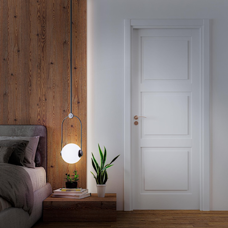 Photo chambre moderne avec porte de salle de bain et lit au sol en bois avec tête de lit et table de chevet avec suspension