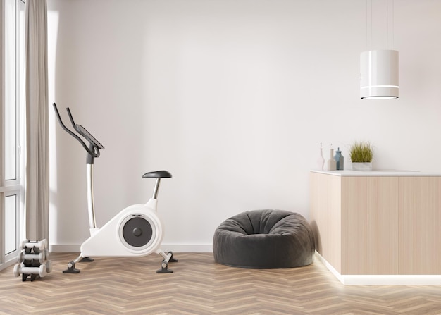 Chambre moderne avec vélo de fitness Équipement de sport dans un intérieur contemporain Mode de vie sain Entraînement sportif à la maison Concept Rester en forme Salle de gym à domicile Rendu 3D