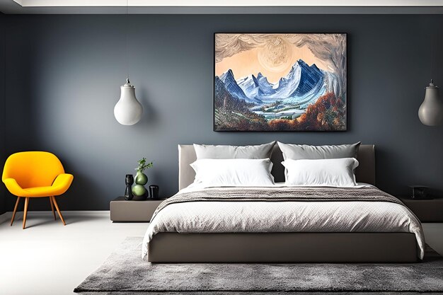 Une chambre avec un mur bleu et une peinture de montagnes au-dessus.