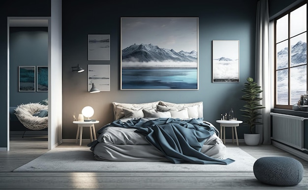 Une chambre avec un mur bleu et une peinture de montagnes sur le mur.